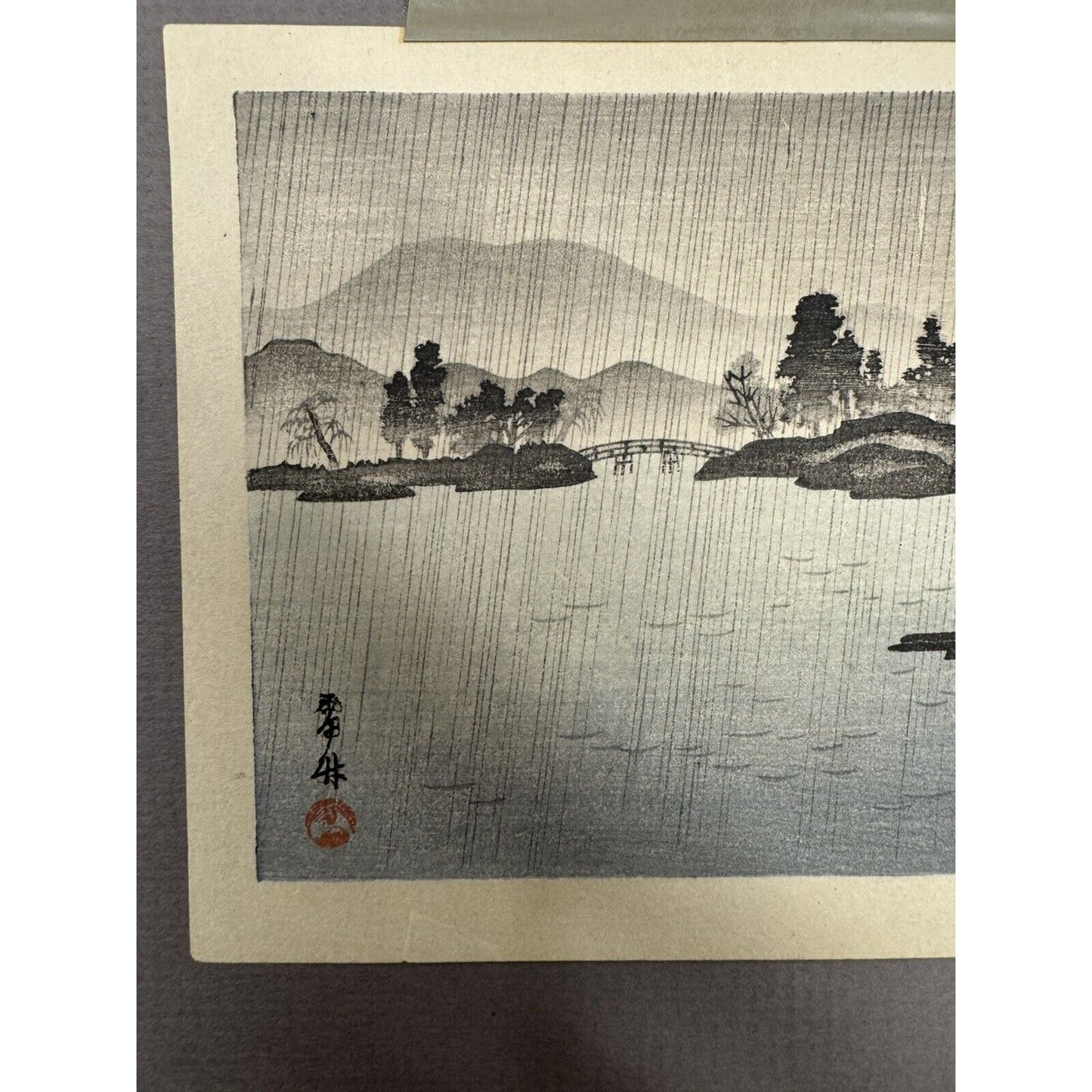 Mid 20th Century Woodblock Print Raft In The Rain By Raichiku Japan