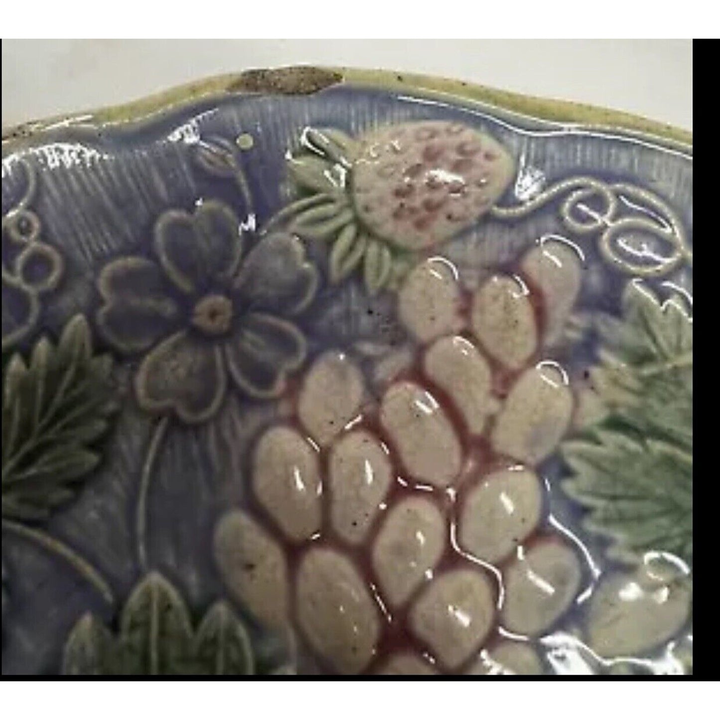 19th Century English Lavender Grape Leaf & Strawberry Majolica Plates Set Of 2