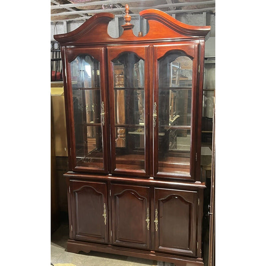 Federal Style Cherry China Hutch Cabinet. Broken Pediment. W/ Display Lights