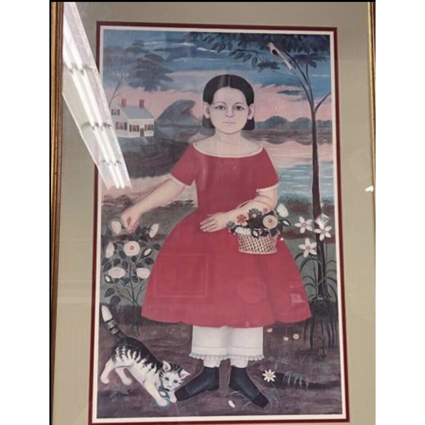 Vintage Framed Folk Art- Portrait “Picking Flowers” Print by Samuel Miller