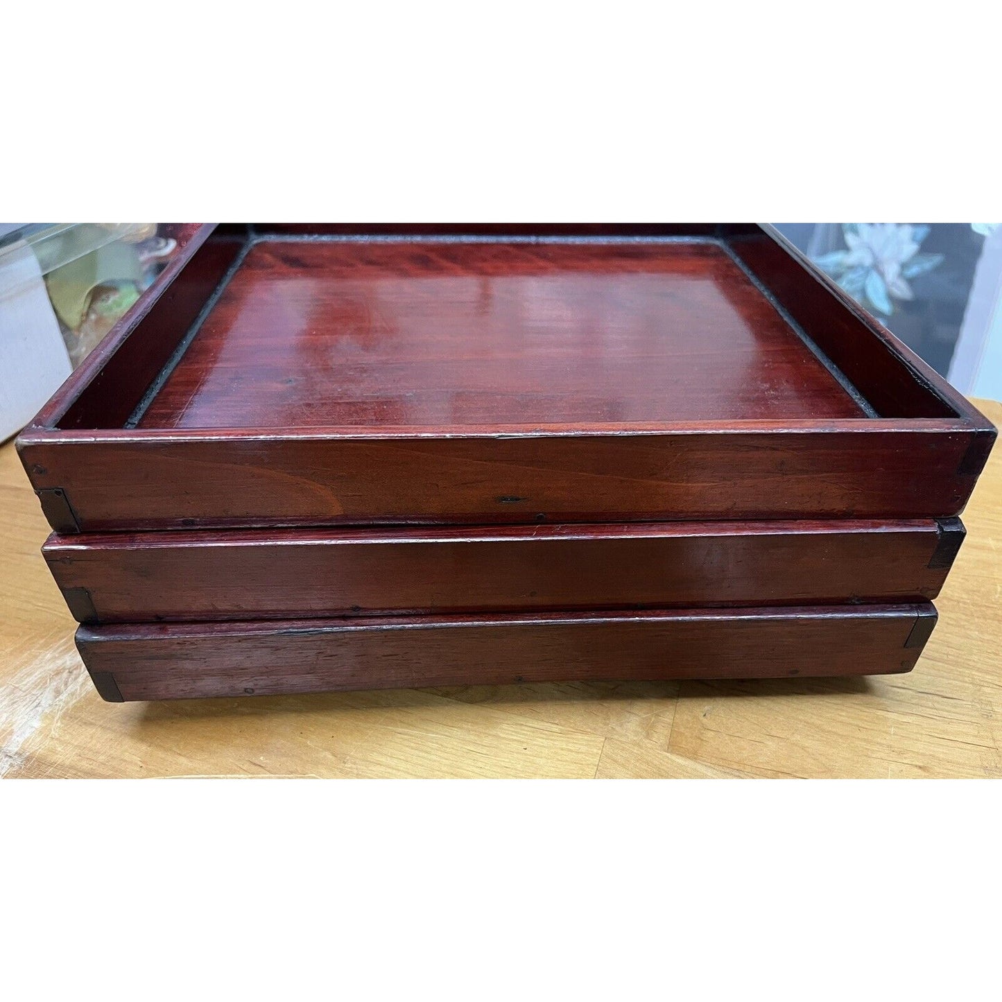 Antique Japanese square Ise Shunkei lacquerware trays with walnut feet