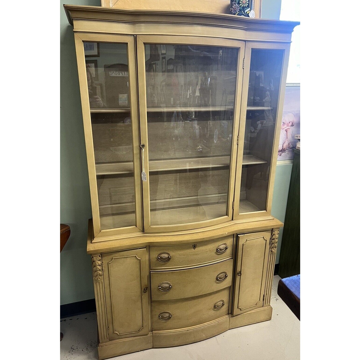 1950s Blonde Mahogany Finish Serpentine Bow Front Hutch China Cabinet