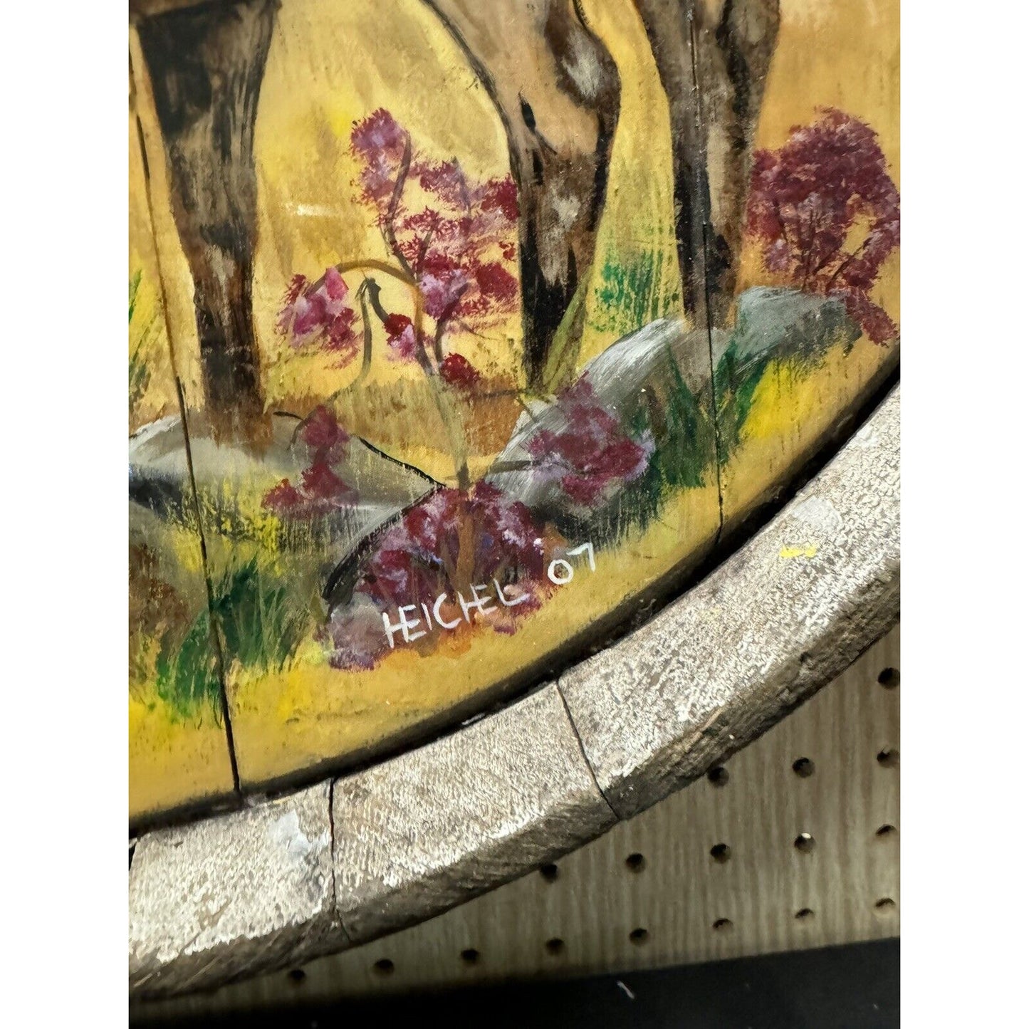 Hand Painted Elk In Woods Scene Painting Wall Hanging On Top Of Whiskey Barrel