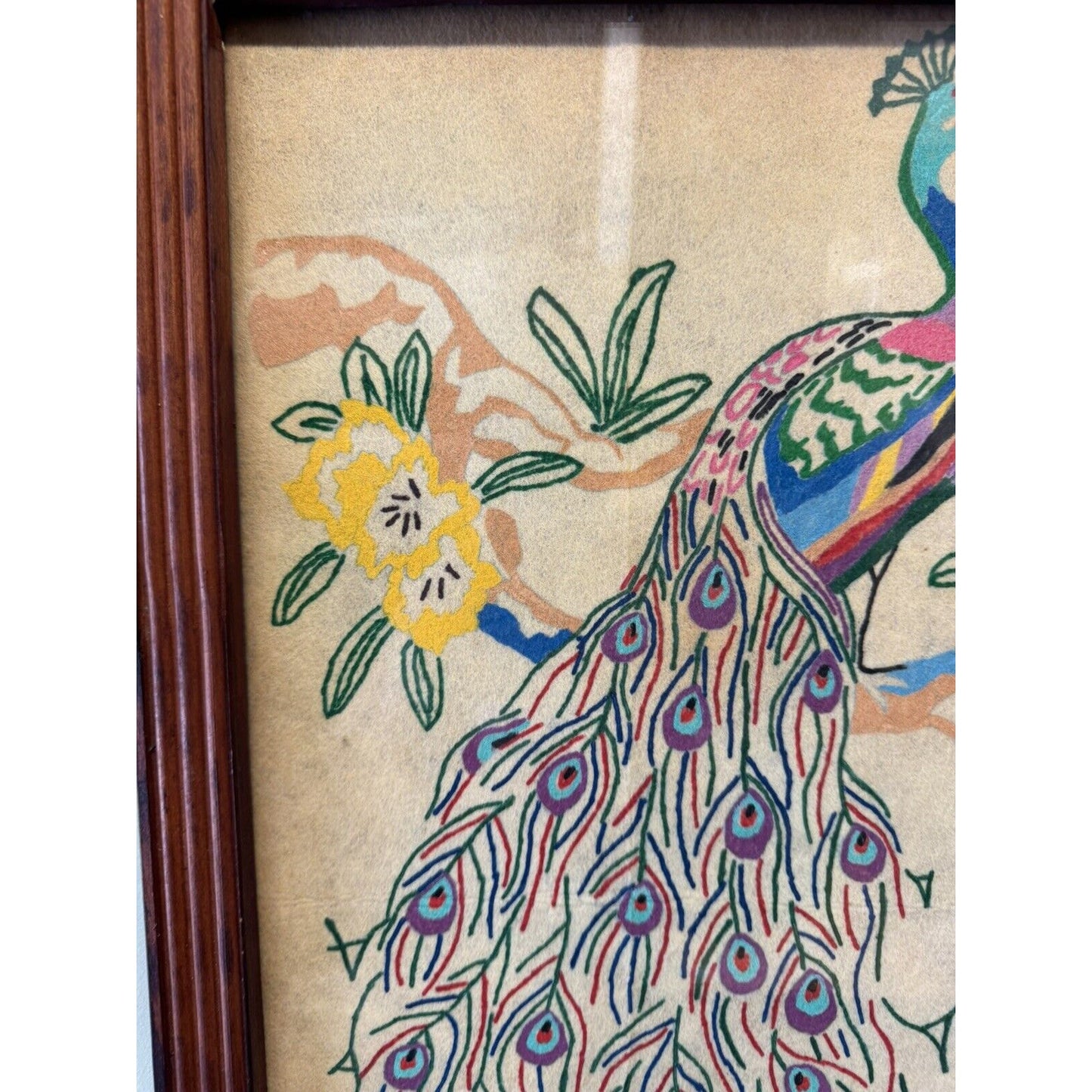 Two Vintage Artex Embroidery Paint, Peacock Pictures Framed