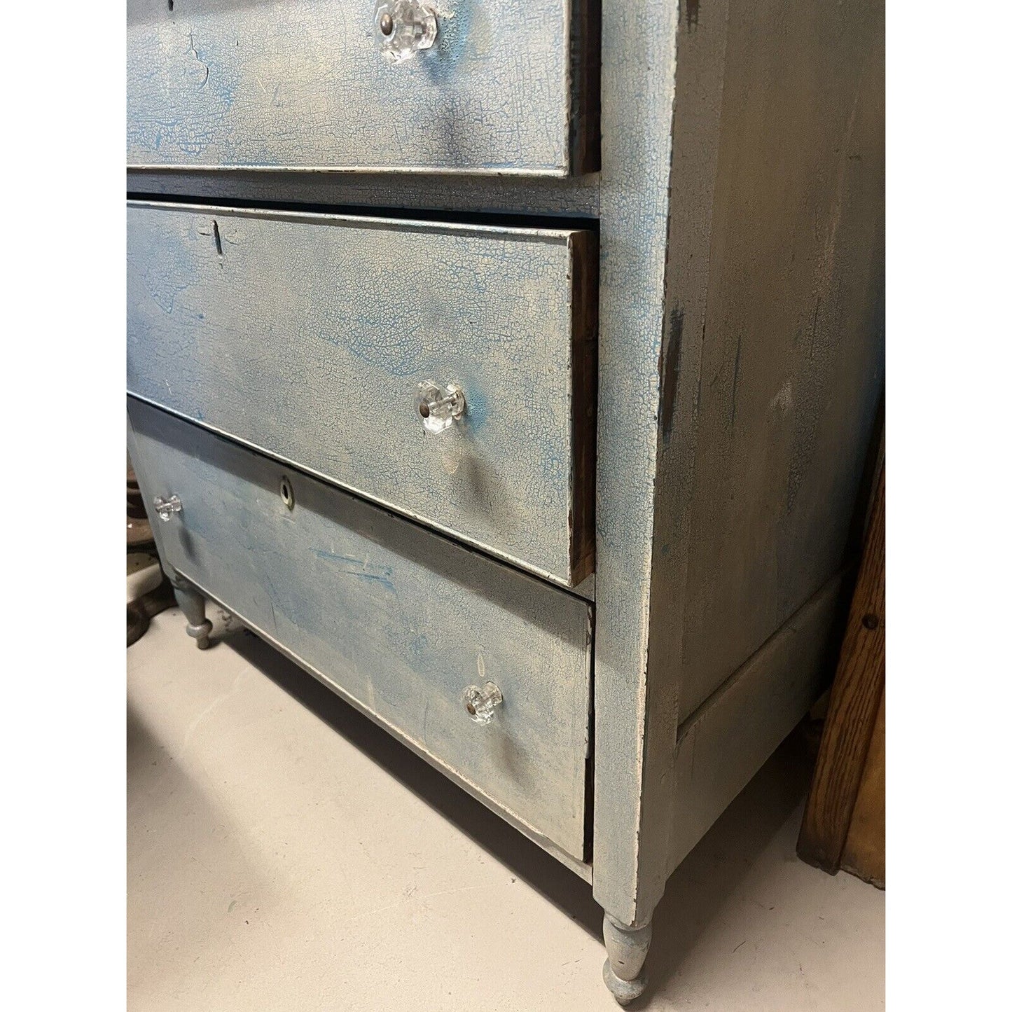 Antique 1800s Sheraton Walnut Chippy Blue Paint 4 Drawer Dresser w/ Glass Pulls