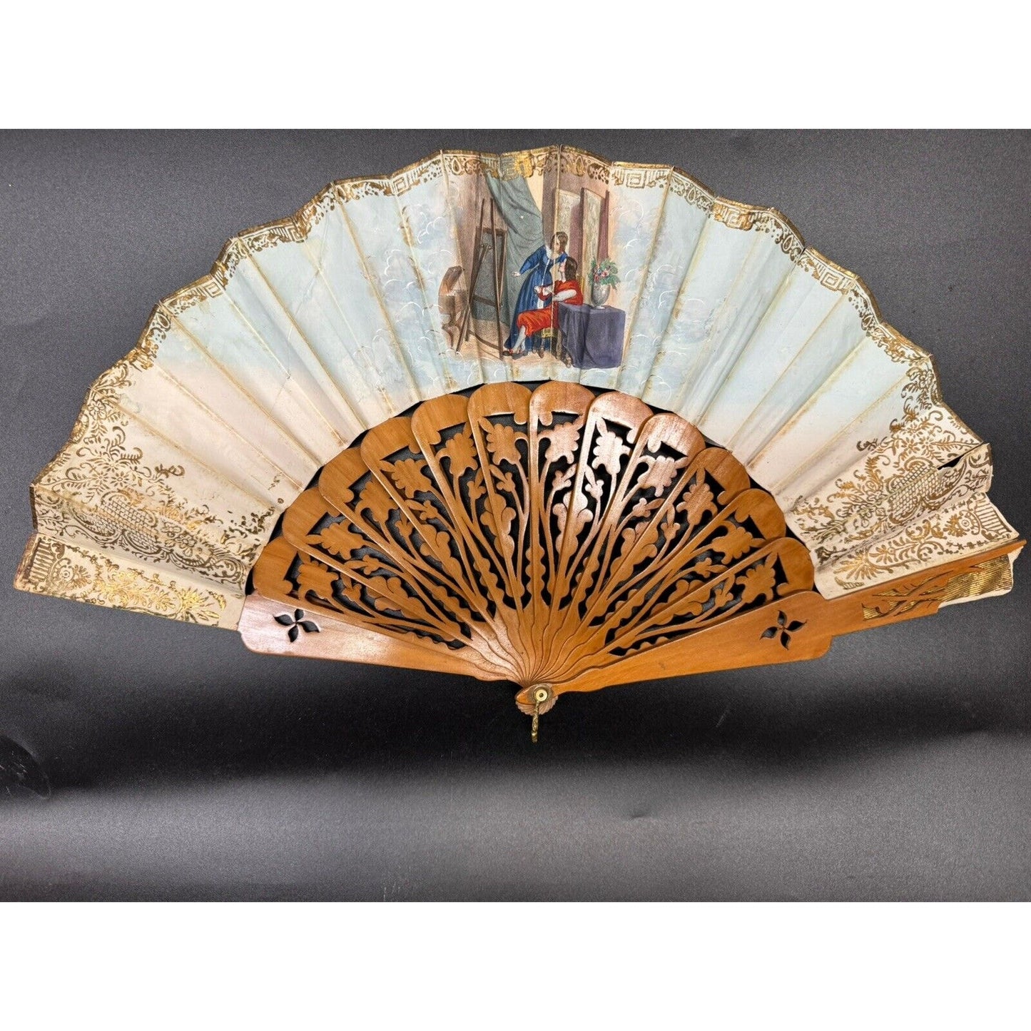 1800s Antique Large Hand Painted Folding Fan