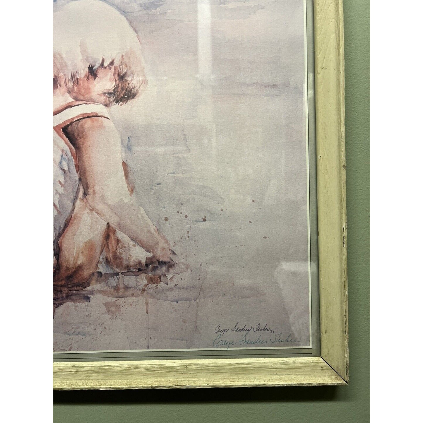 Signed Gaye Sanders Fisher ‘83 Print Of Child Playing On A Beach