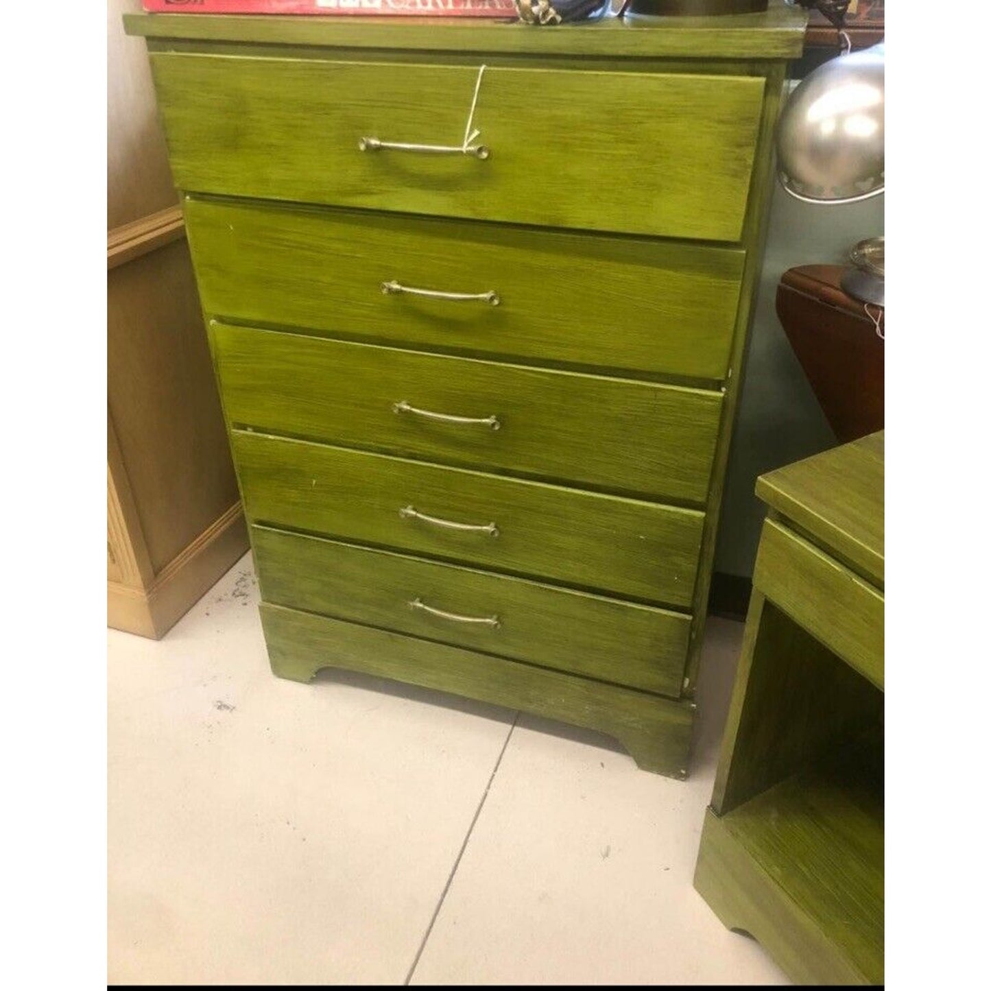 Vintage MCM Green 3 Piece Bedroom Set Dresser, Nightstand, Chest Of Drawers