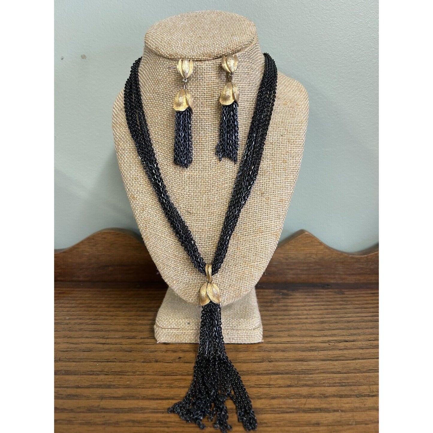 Vintage Necklace & Earring Set Black Chains With Gold Embellishment