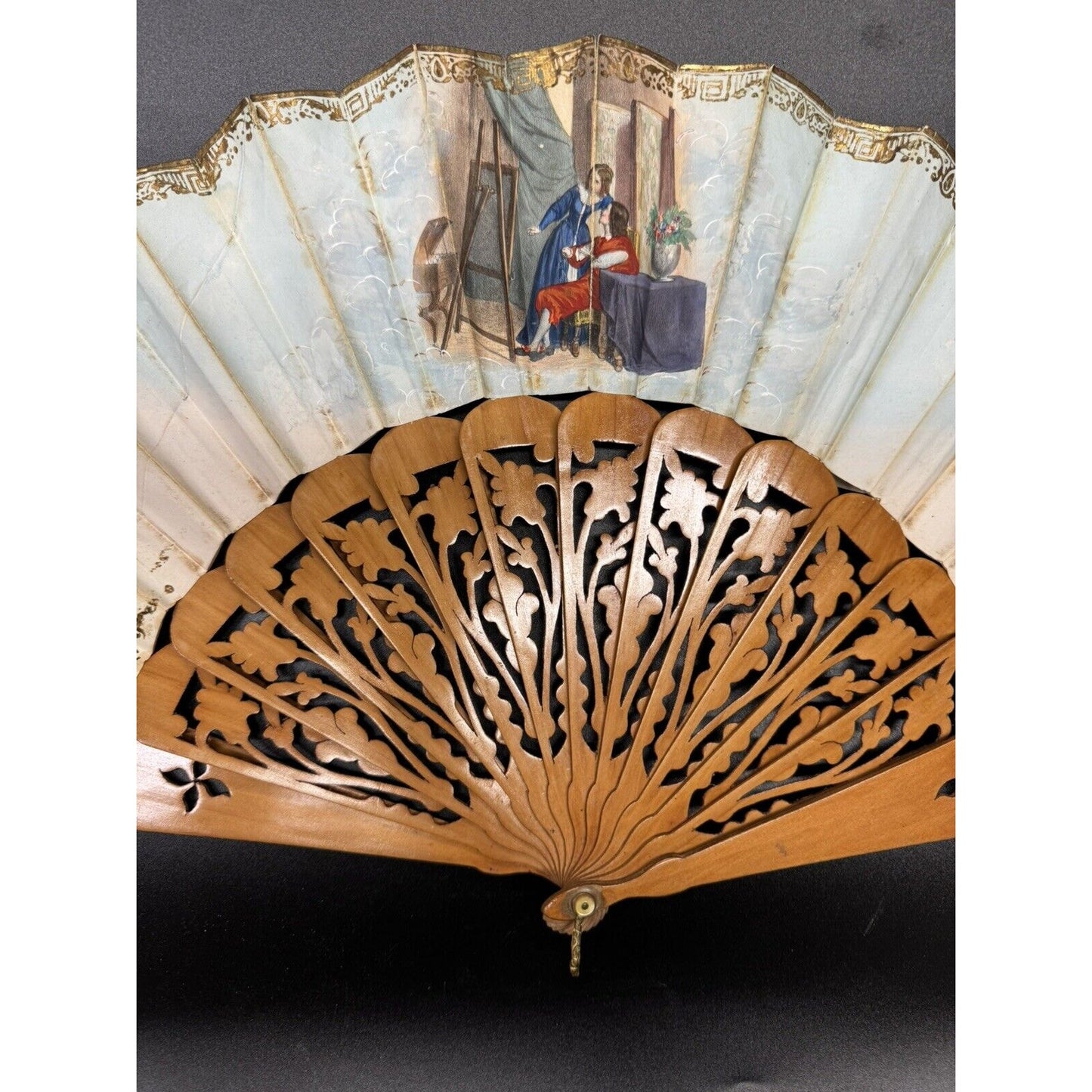 1800s Antique Large Hand Painted Folding Fan