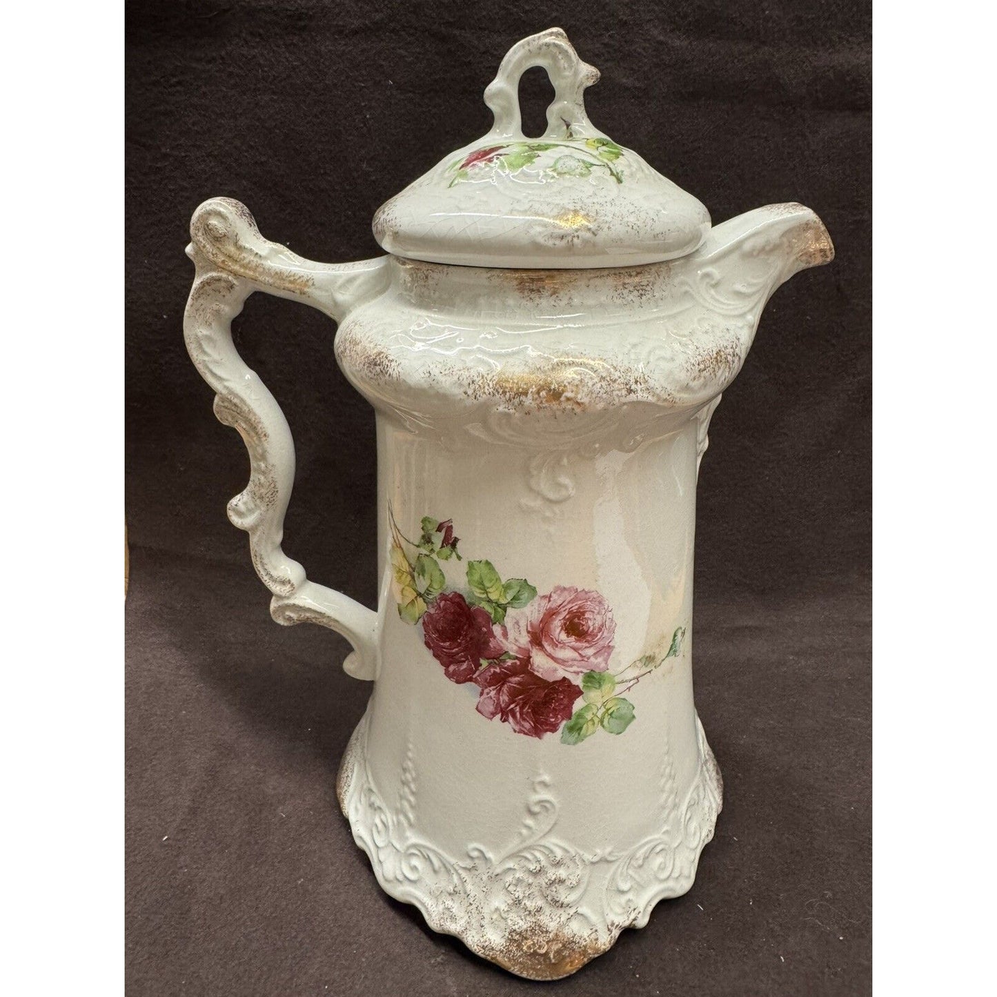 Antique LaBelle Coffee Pot With Lid Wheeling Pottery Pink Roses And Gold Leaf