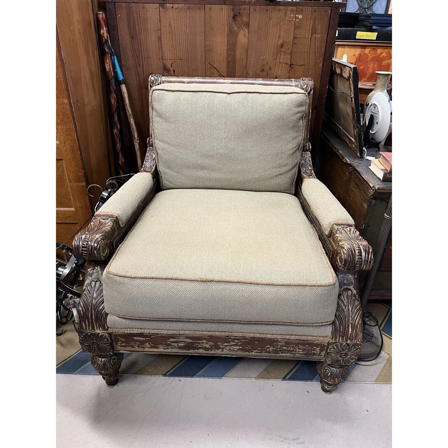 Oversized Upholstered Arm Chair Rustic Acanthus Motif With Cane Sides And Back