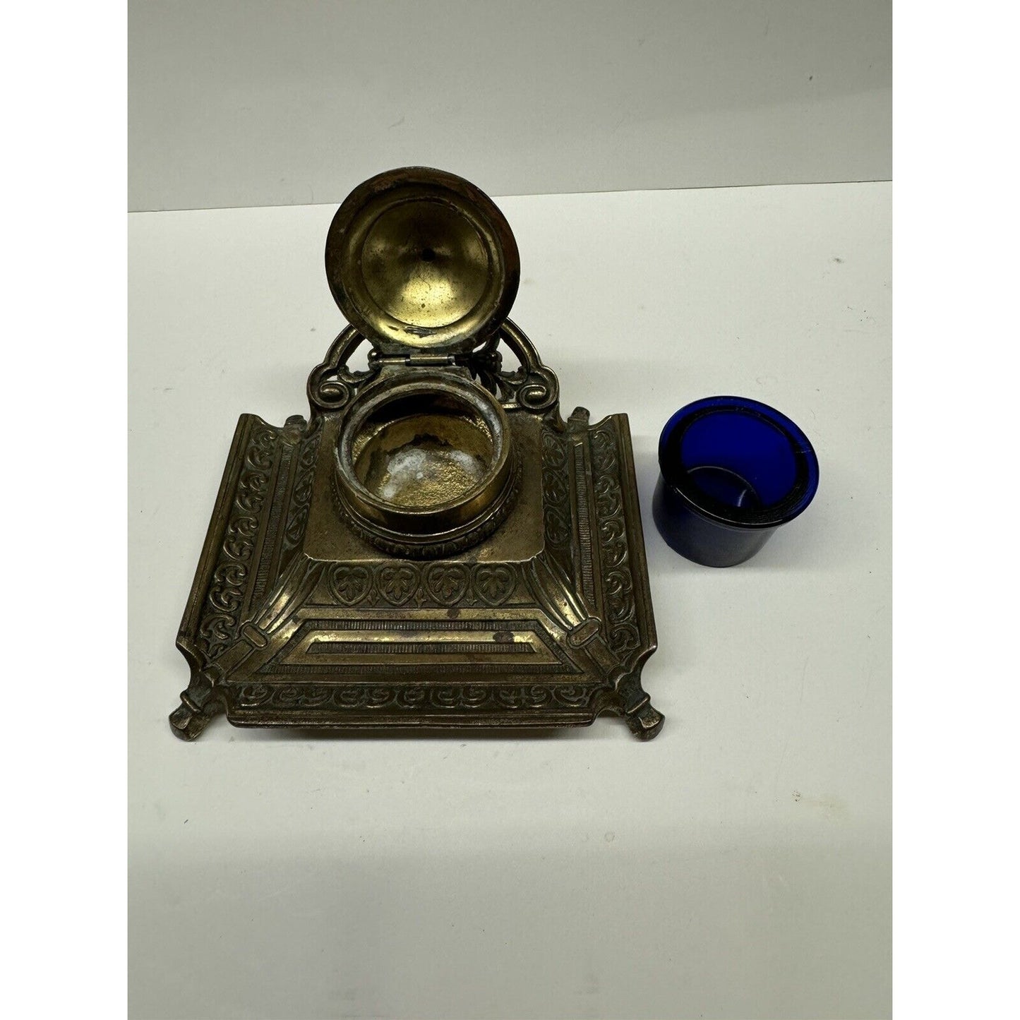 Antique Victorian Jennings Brothers Inkwell With Blue Glass Insert