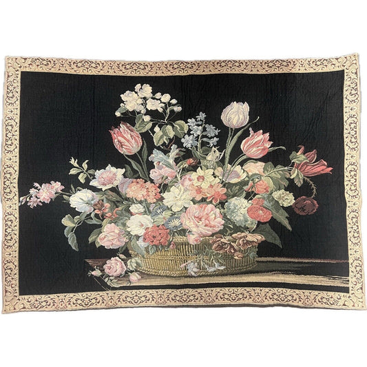 Vintage Flowers In Woven Basket Wall Tapestry 37”x52”