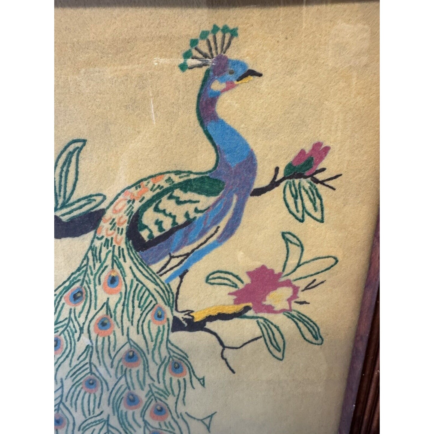 Two Vintage Artex Embroidery Paint, Peacock Pictures Framed