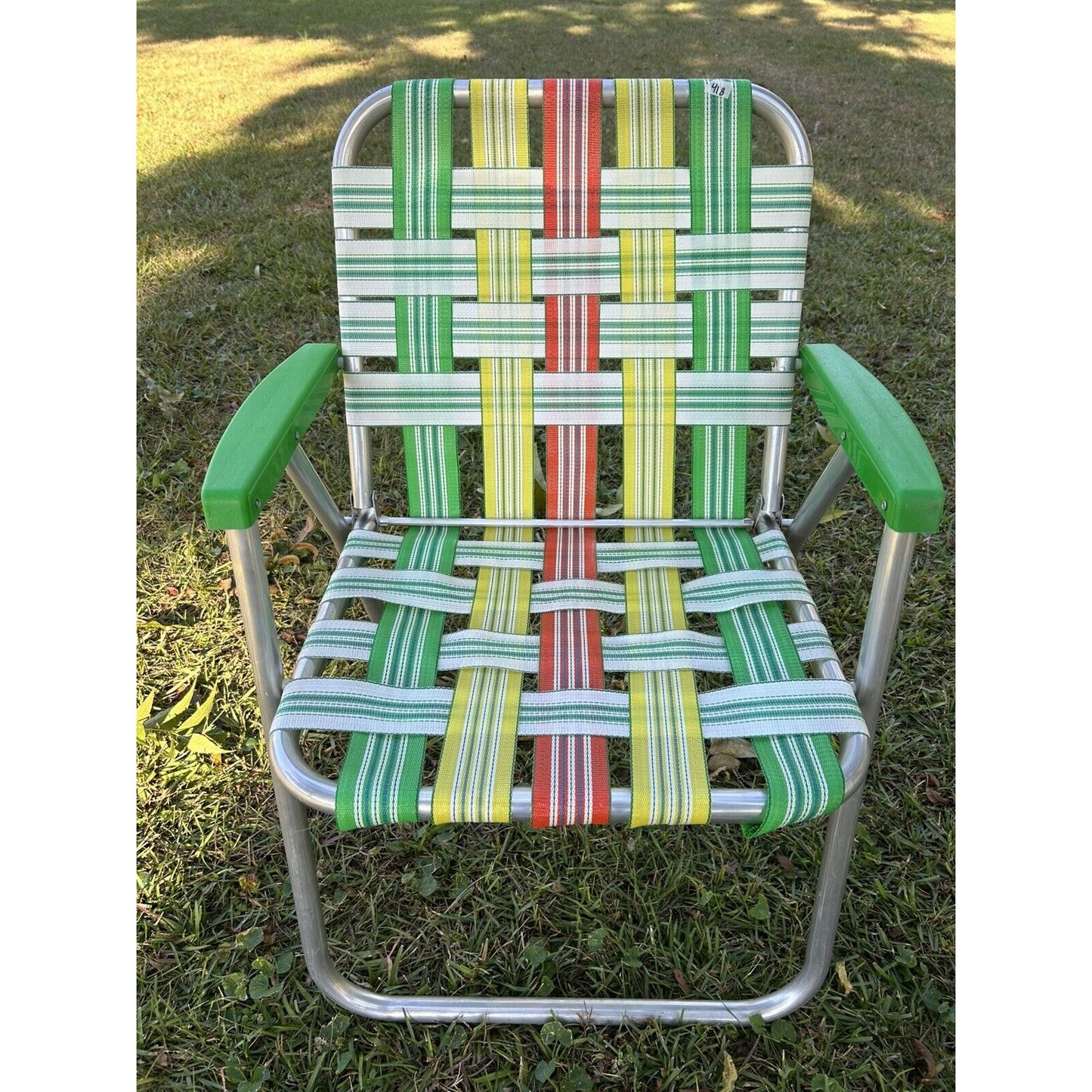 Vintage Aluminum Folding Lawn Chairs Green, Yellow, Orange Webbing Set Of 2