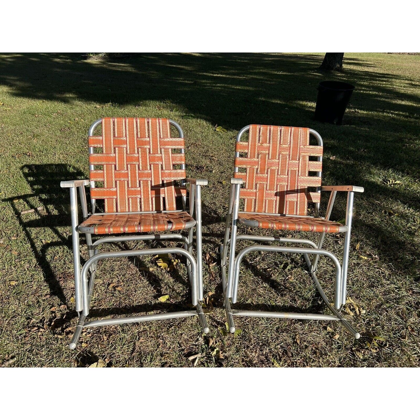 Aluminum Vintage Set Of 2 Rocker Lawn Chairs Orange & Gold Webbing