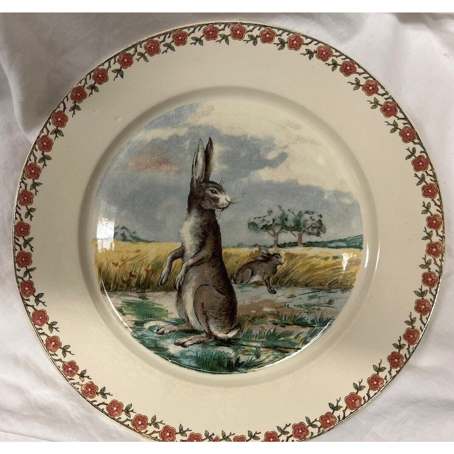 1890s Sarregvemines Germany Rabbit In Field Transferware Luncheon Plate