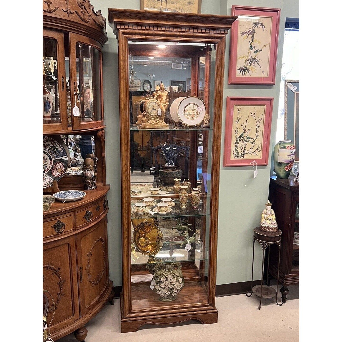 Vintage Philip Reinisch Lighted Oak Curio Cabinet Solid Wood Glass Shelves