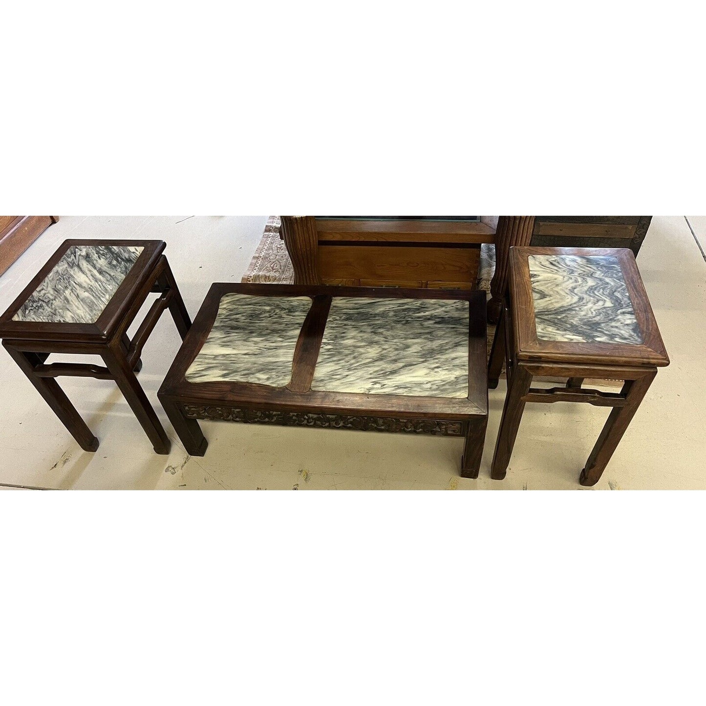 1915-1940s Oriental Marble & Carved Wood Coffee & Side Tables Asian Hand Carved