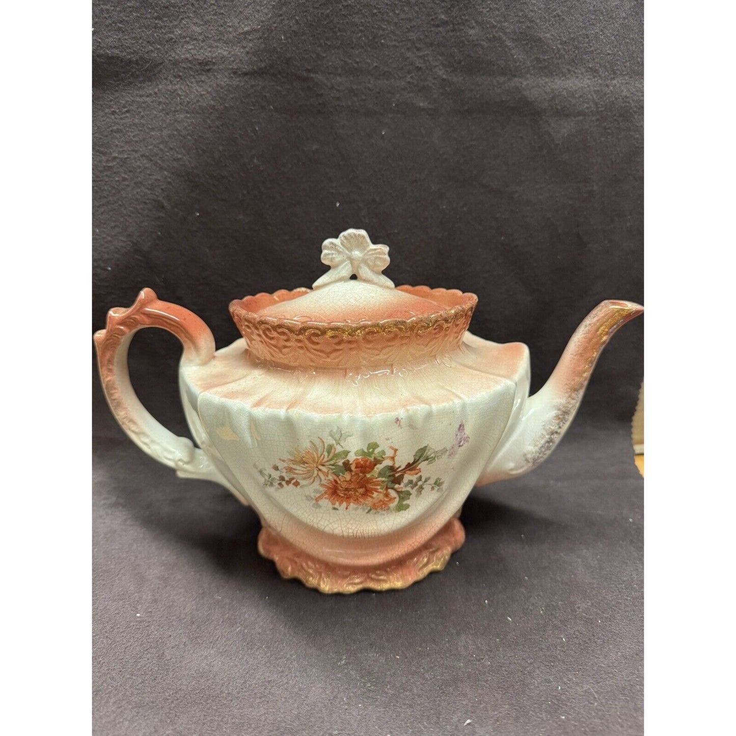 Antique Peach Colored Tea Pot With Lid