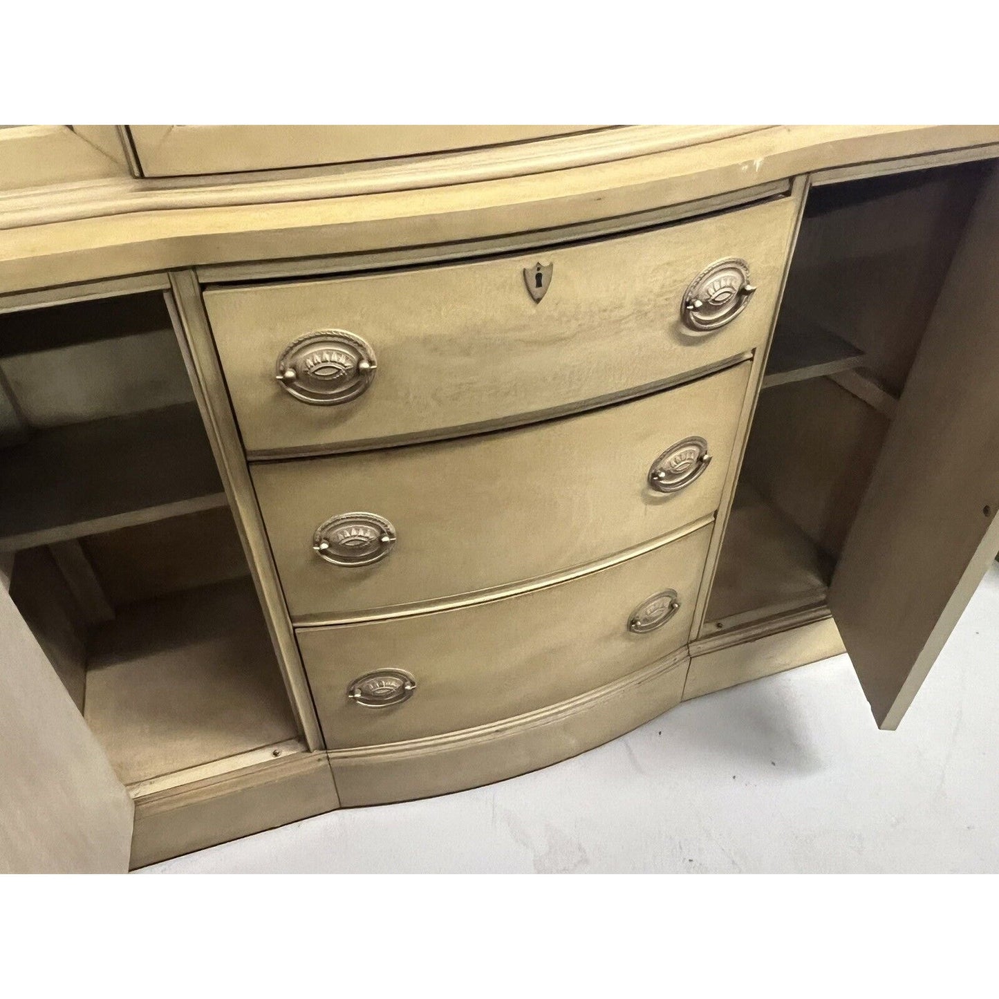 1950s Blonde Mahogany Finish Serpentine Bow Front Hutch China Cabinet