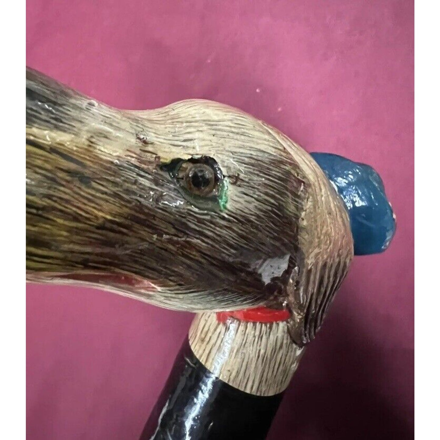 Antique American Folk Art Bamboo Hand Carved, Hand Painted Dog Head Walking Cane