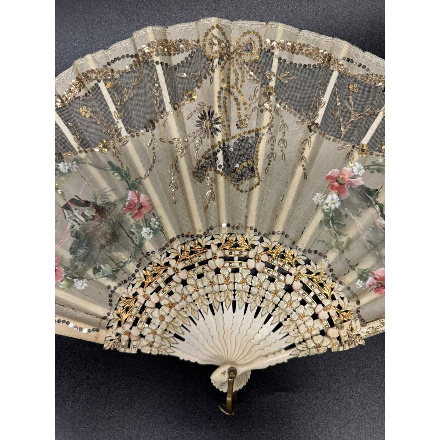 Antique 1800s Hand Painted Lace & Carved Ivorine Hand Fan