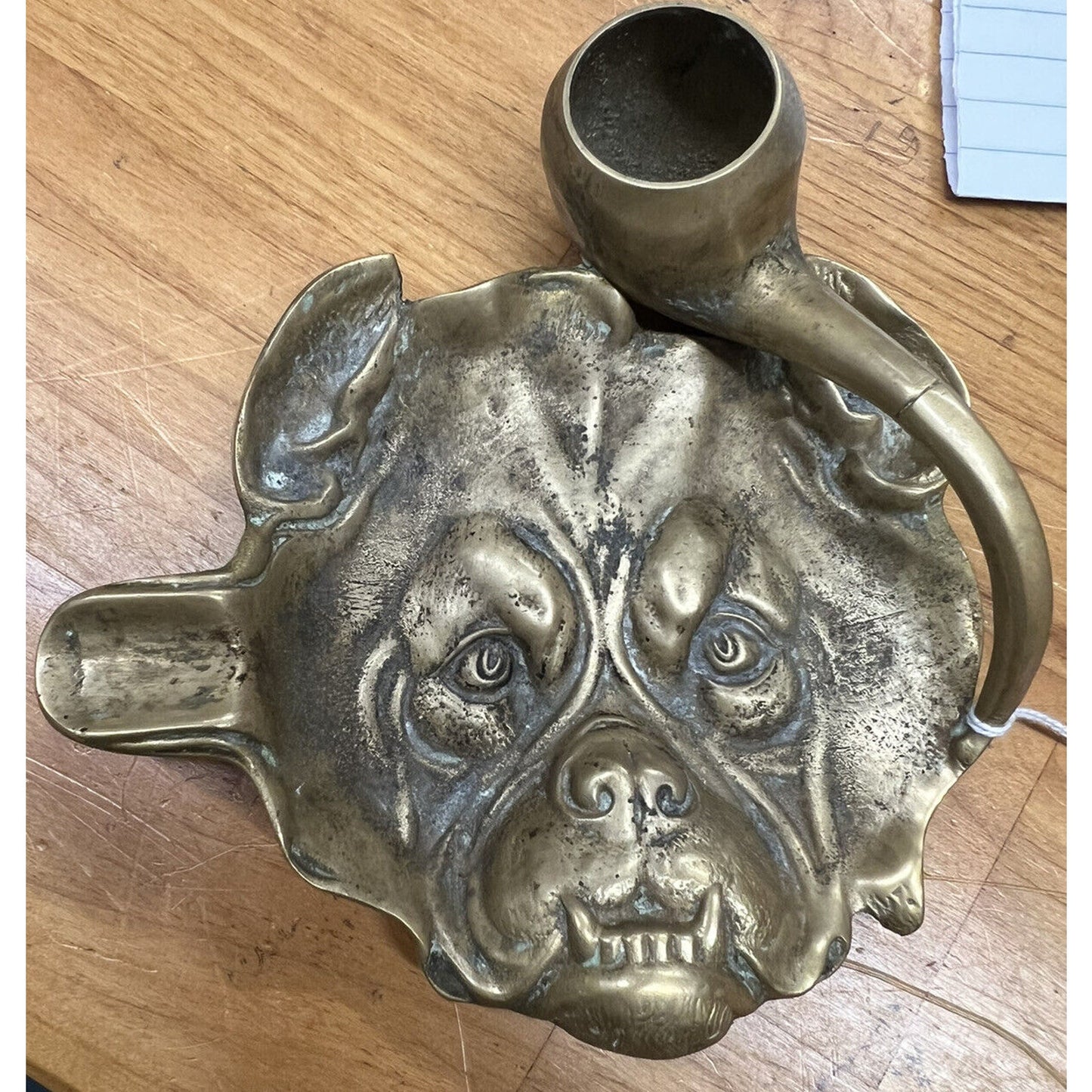 Antique Brass Bulldog Head Novelty Pipe/Cigar Ashtray Dish Match Holder