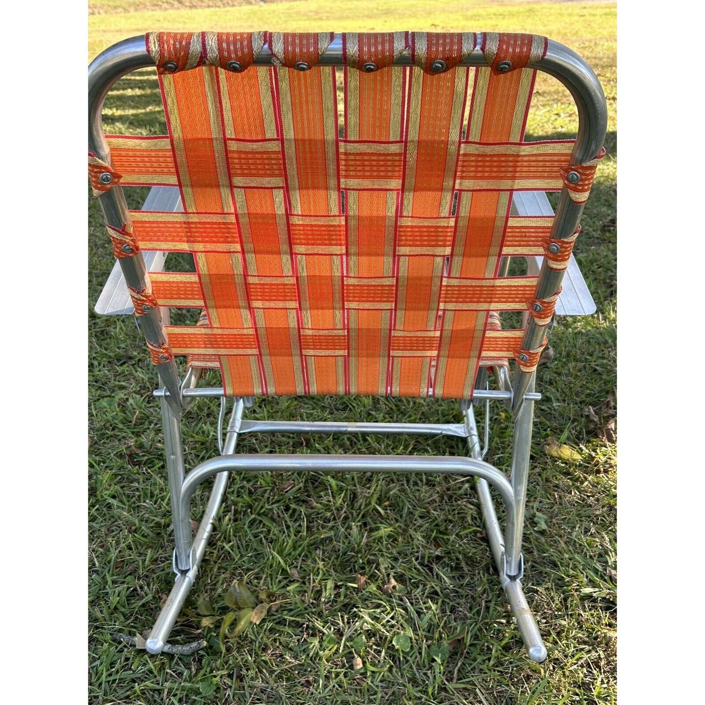 Aluminum Vintage Set Of 2 Rocker Lawn Chairs Orange & Gold Webbing