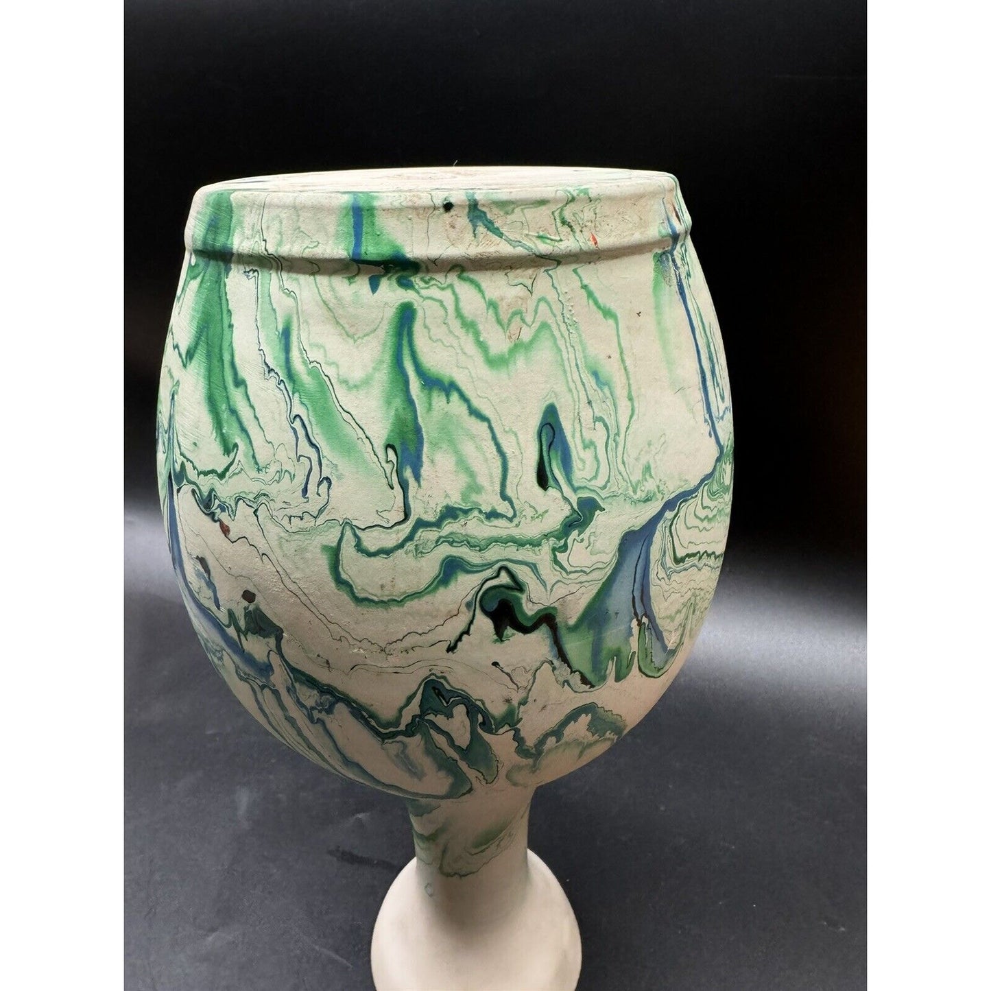 Vtg. Nemadji Pottery USA 12” Vase With Blue, Green &White Swirls American Art