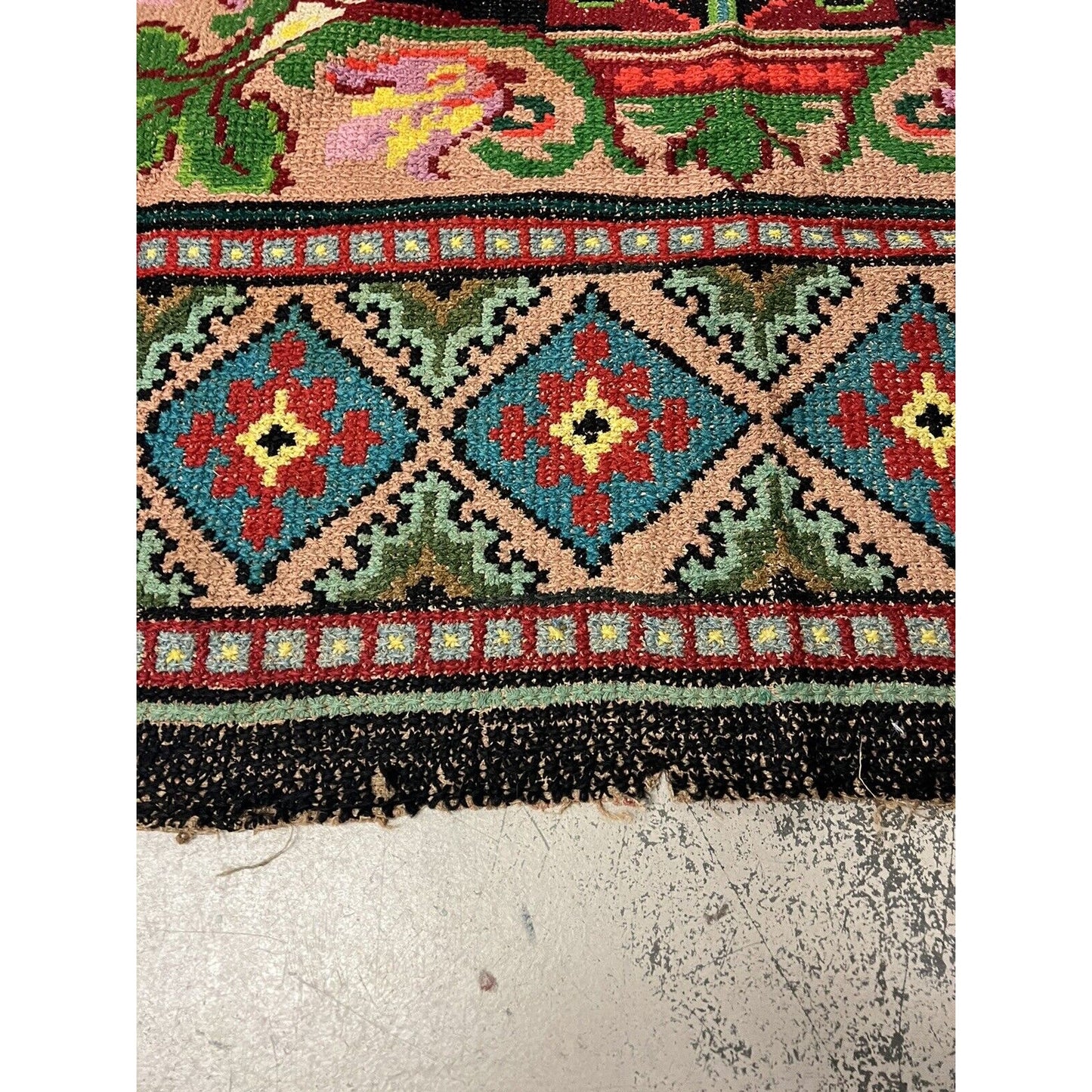 Antique 1920s Hook Folk Art Rug Bright Colors Rare Pattern 75”x69”