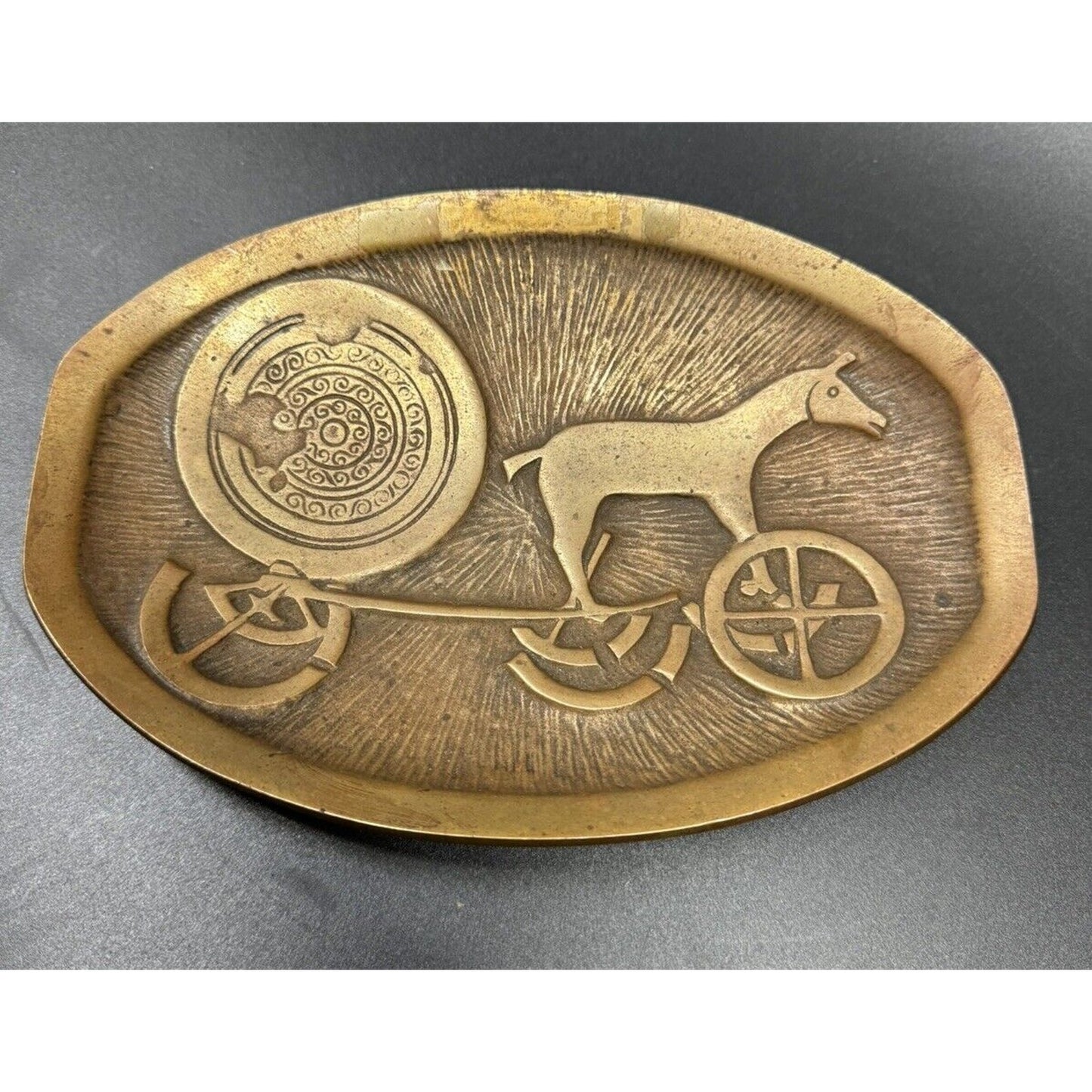 Vintage Solid Malo Bronze 8” Footed Bowl Trinket Tray Depicting The Sun Chariot