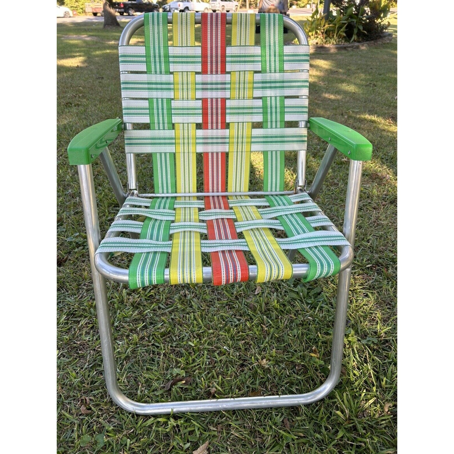 Vintage Aluminum Folding Lawn Chairs Green, Yellow, Orange Webbing Set Of 2