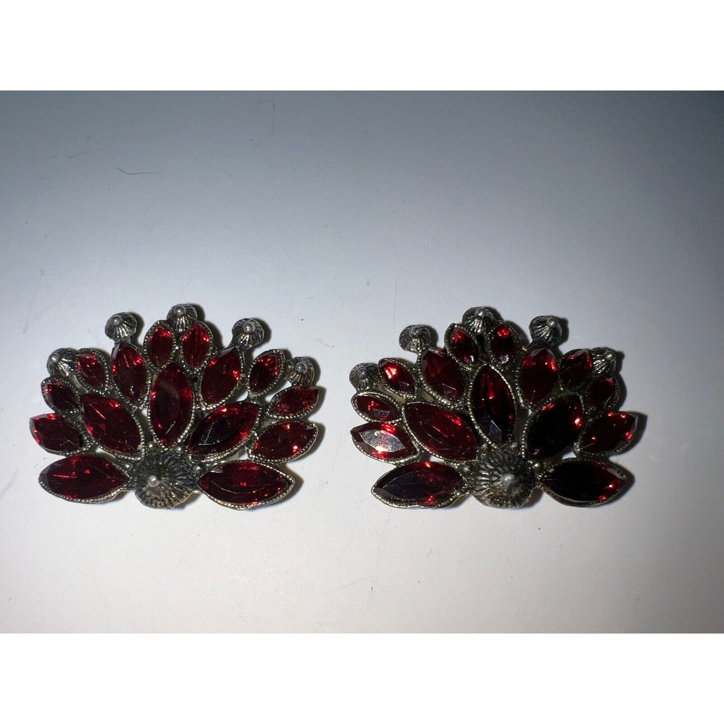 Antique Red Gemstones Silver Tones Peacock Shoe Clips