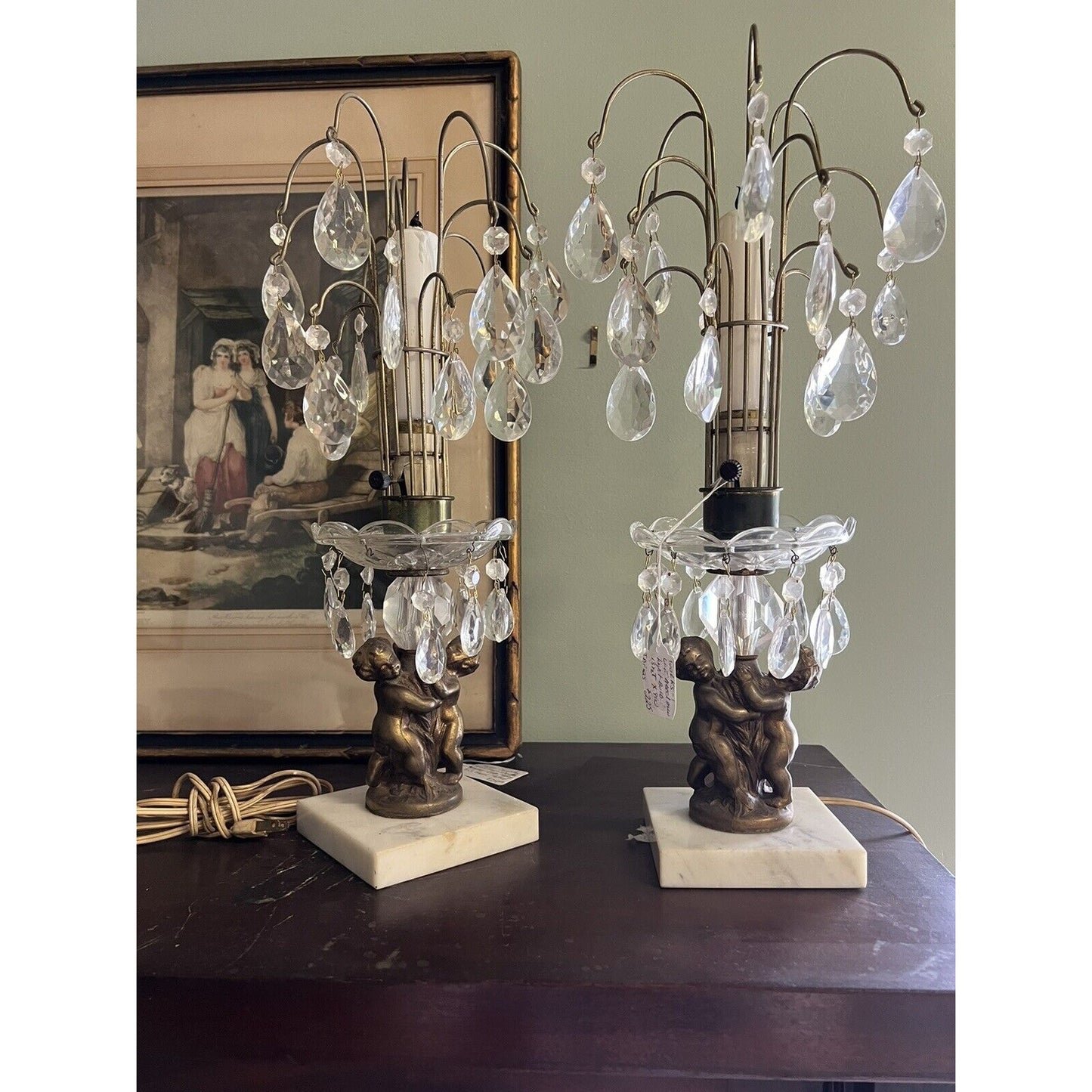 Pair Of Crystal Teardrop Marble Base With Cherubs Lamps