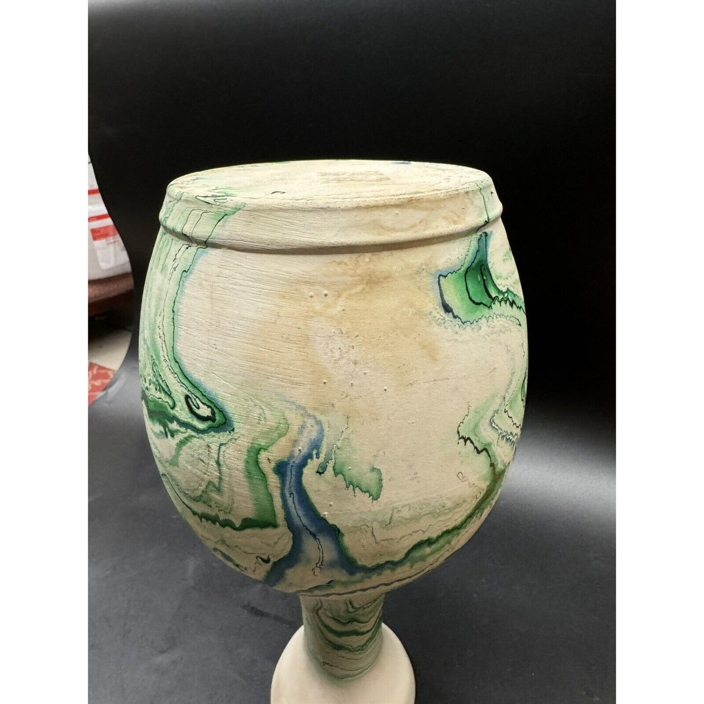 Vtg. Nemadji Pottery USA 12” Vase With Blue, Green &White Swirls American Art