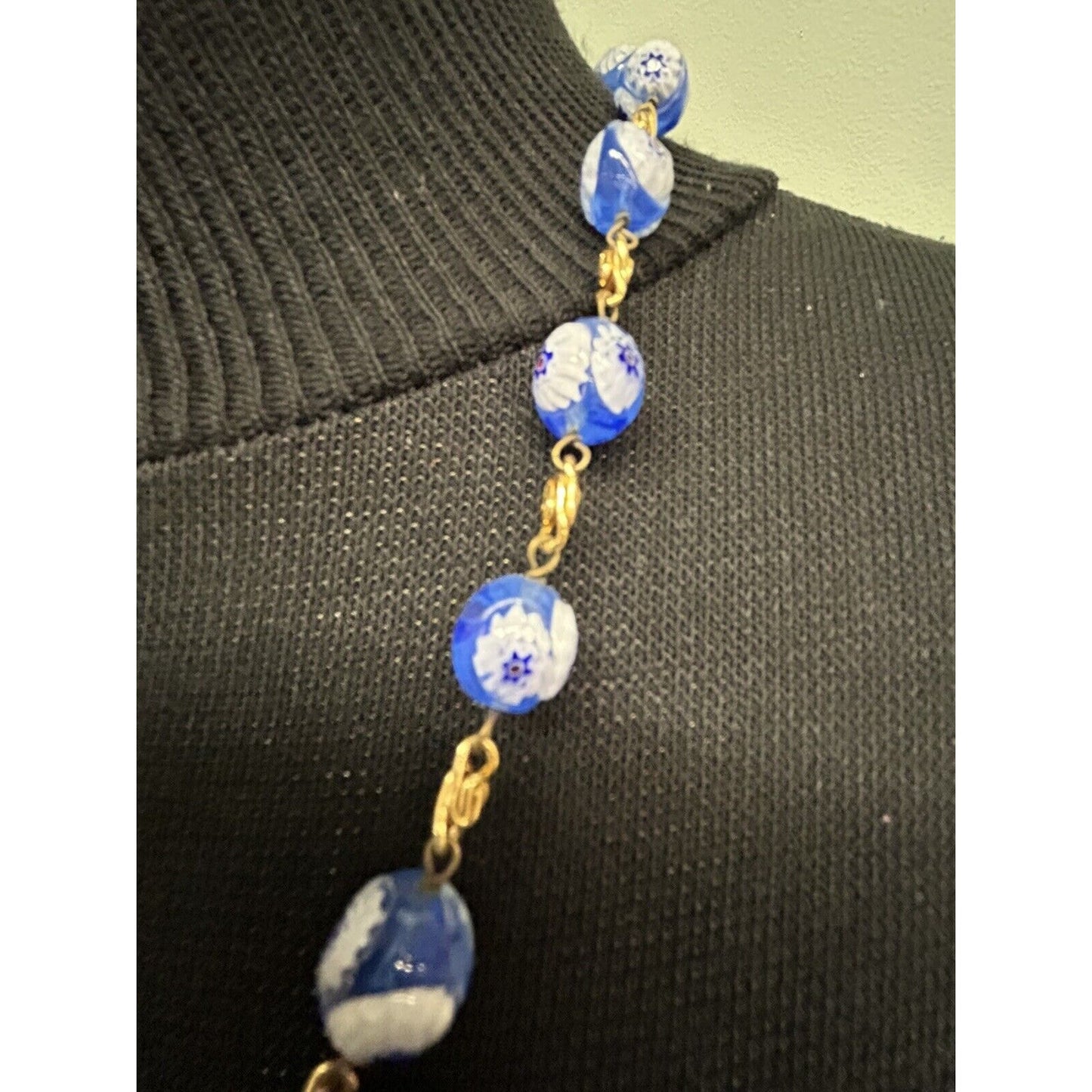 Vintage Glass Beaded Necklace Blue With White Flowers