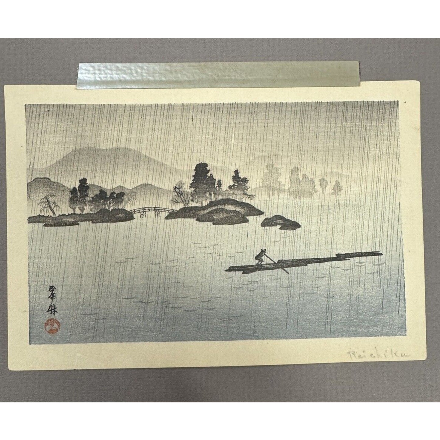 Mid 20th Century Woodblock Print Raft In The Rain By Raichiku Japan