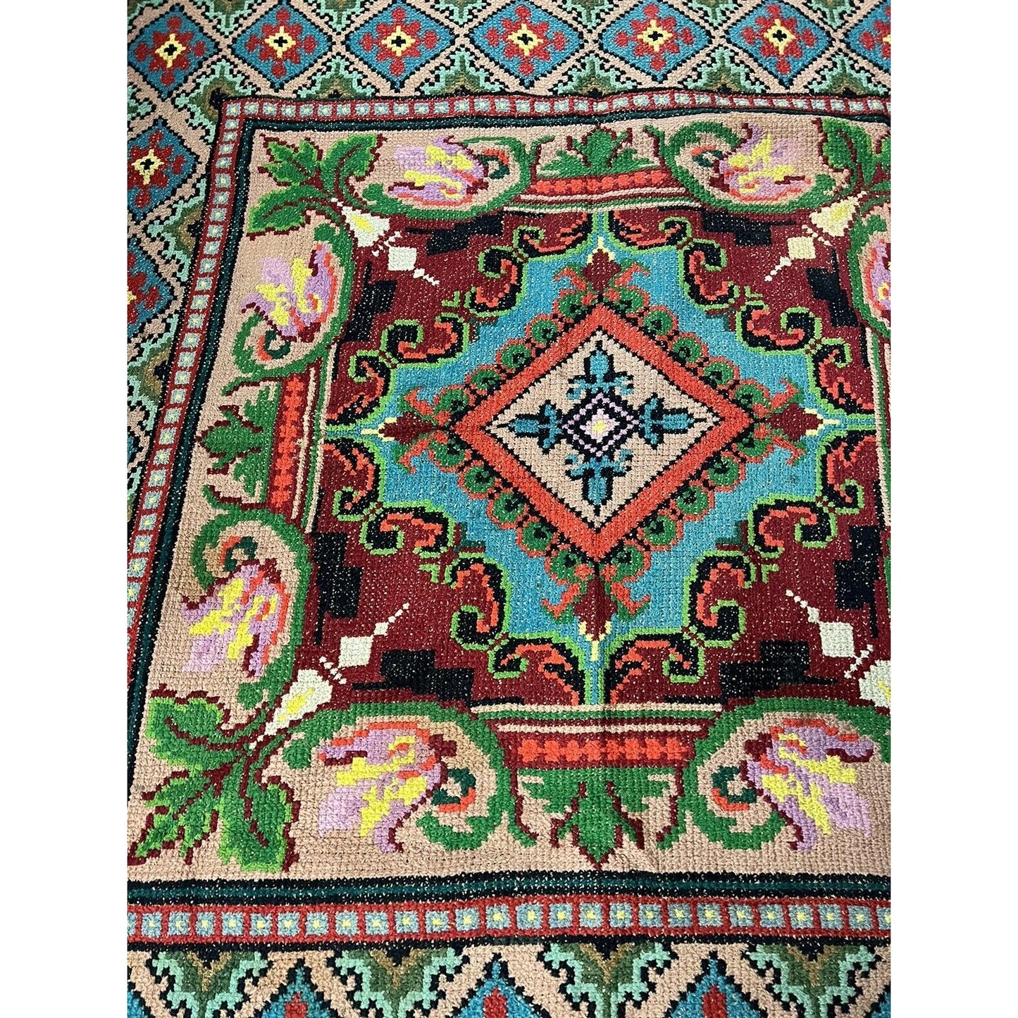 Antique 1920s Hook Folk Art Rug Bright Colors Rare Pattern 75”x69”