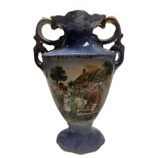 Made In England Blue Vase With Farm Scene