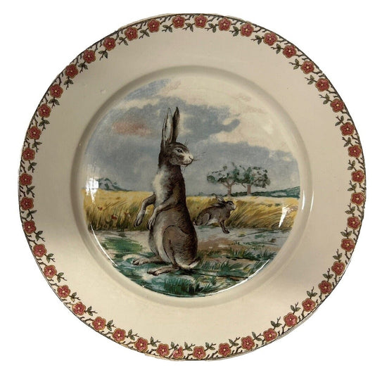 1890s Sarregvemines Germany Rabbit In Field Transferware Luncheon Plate