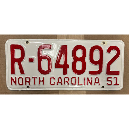 1951 Vintage North Carolina License Plate R-64892