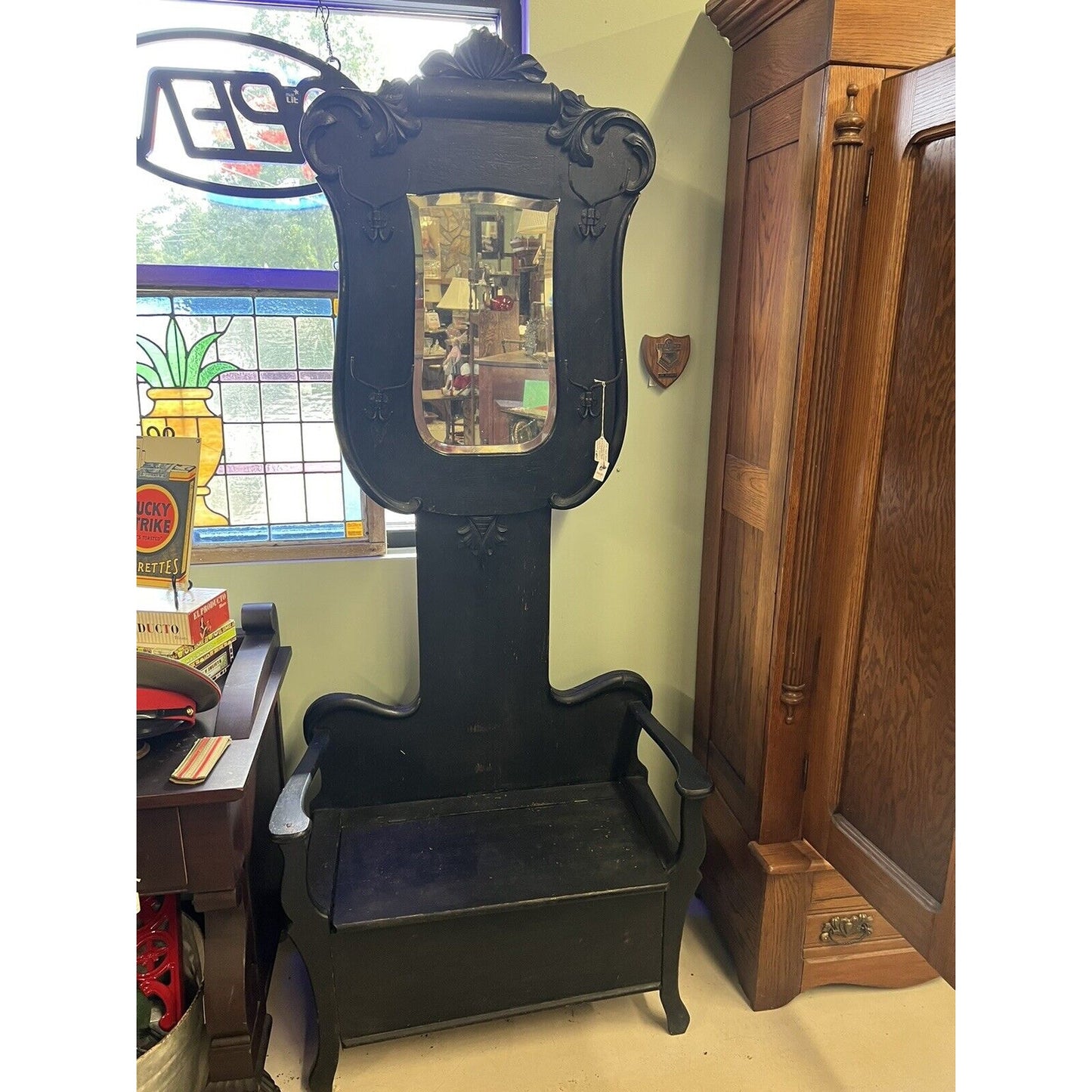 Antique Oak Hall Tree Painted Black With Beveled Mirror, Storage And Hooks