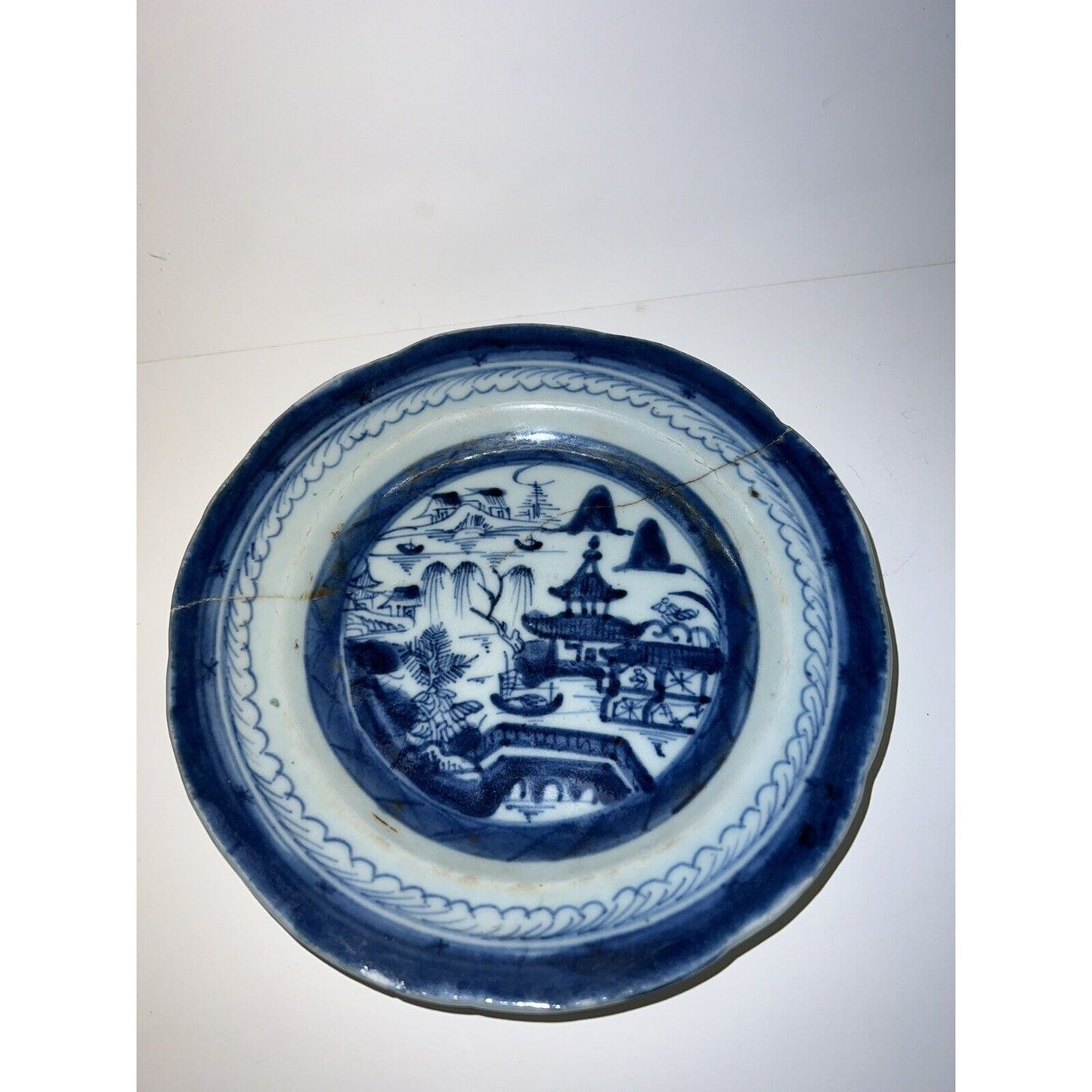 Chinese Blue & White Canton 1830s Or Older Decorative Plate Has Been Repaired