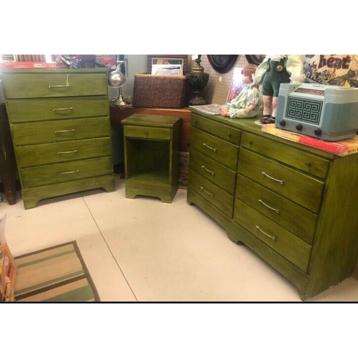 Vintage MCM Green 3 Piece Bedroom Set Dresser, Nightstand, Chest Of Drawers