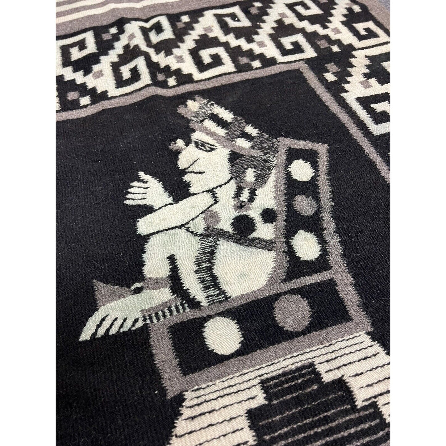 Vintage Aztec Figure Hand Woven Wool Rug, Tapestry, Blanket, Wrap 35”x76”