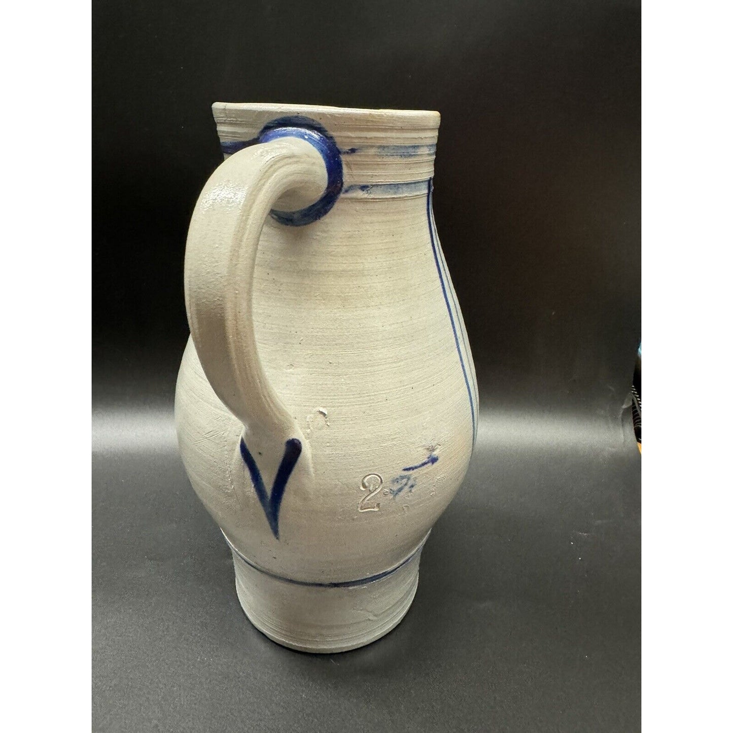 Vtg Cobalt Blue Painted Stoneware Pottery Salt Glazed 2 Gallon Pitcher Jug