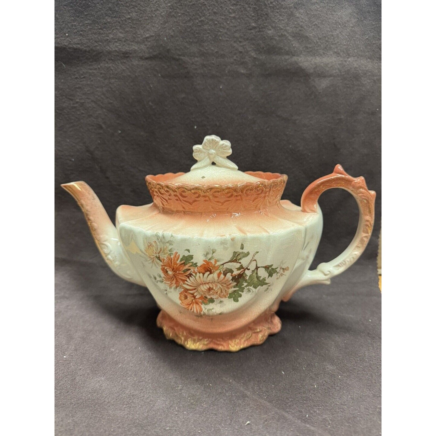 Antique Peach Colored Tea Pot With Lid