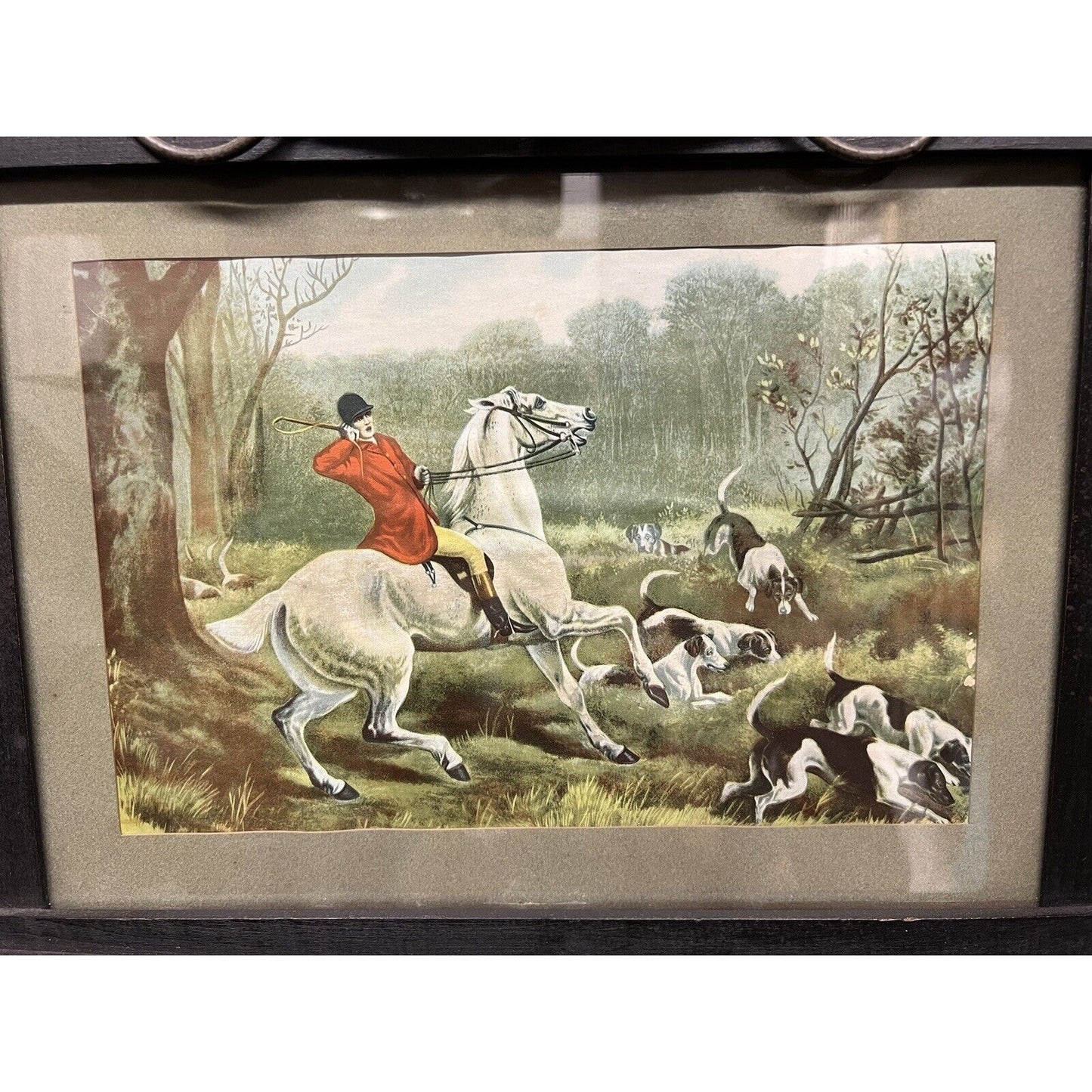 Late 1800s Triptych Litho Print Of Fox Hunting Scenes Unique Frame